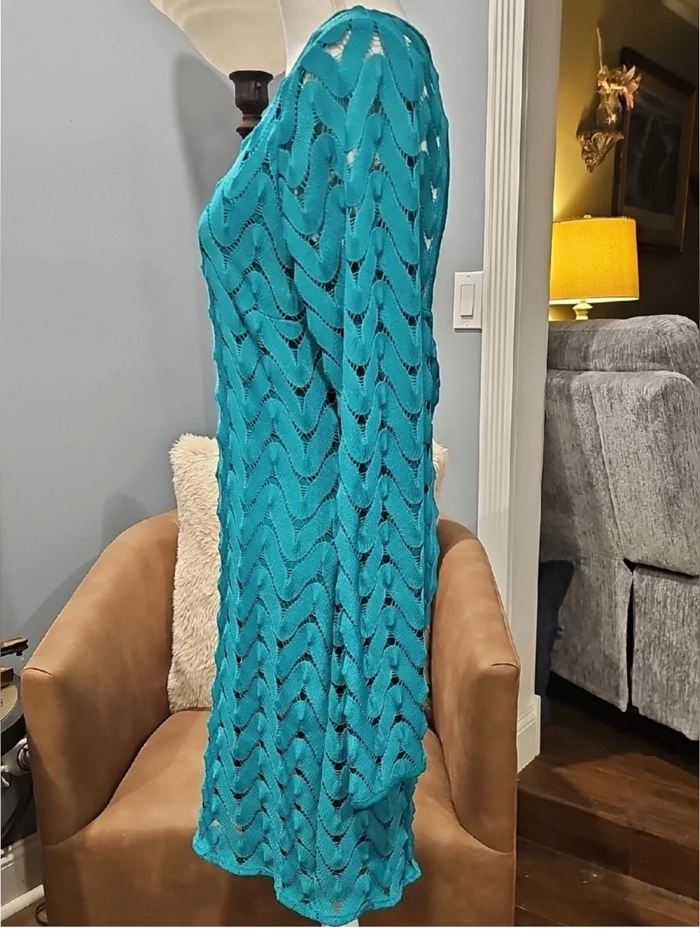 Free People Teal Open-Back Long Sleeve Lace Knit Dress